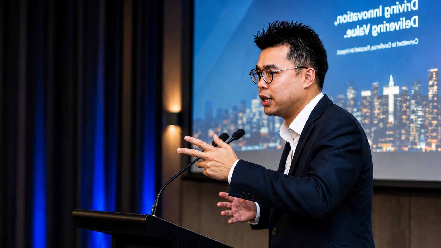 Victor Tuang speaking at a podium